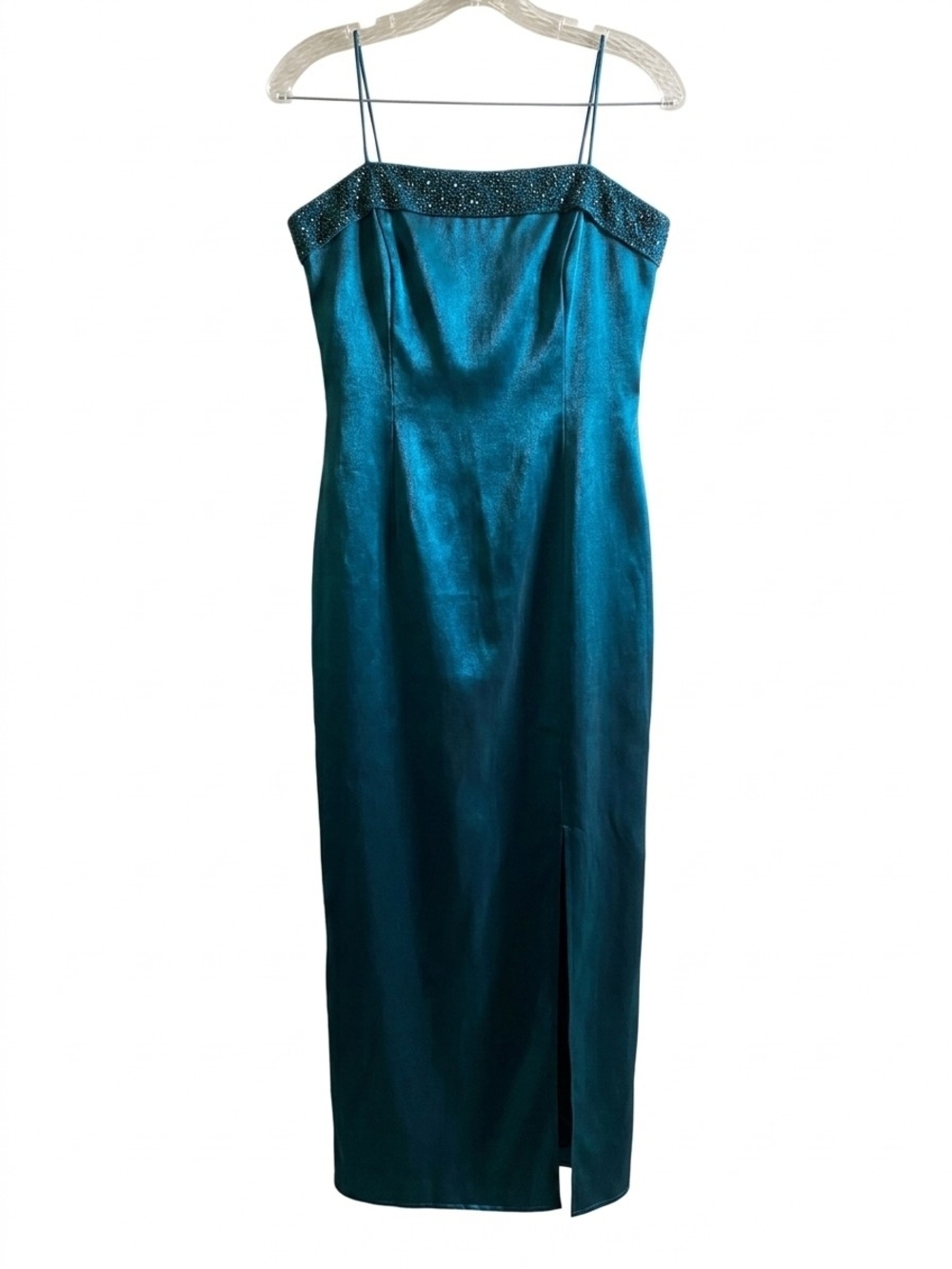 Satin Teal Maxi Dress with Beaded Trim
